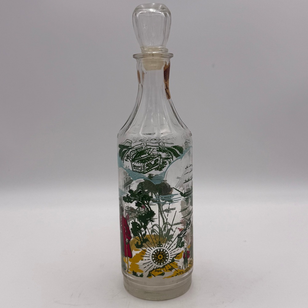 Vintage Nautical Glass Decanter with Stopper Sailing Ships Colonial Scene 11.5"